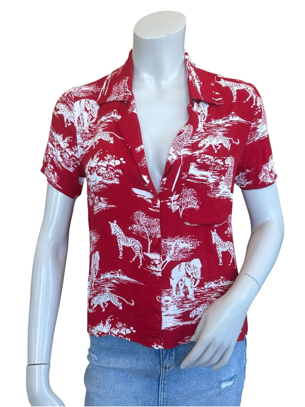 Reformation Cuba Collared Button Down Short Sleeve Top Red Tiger Jungle Print XS